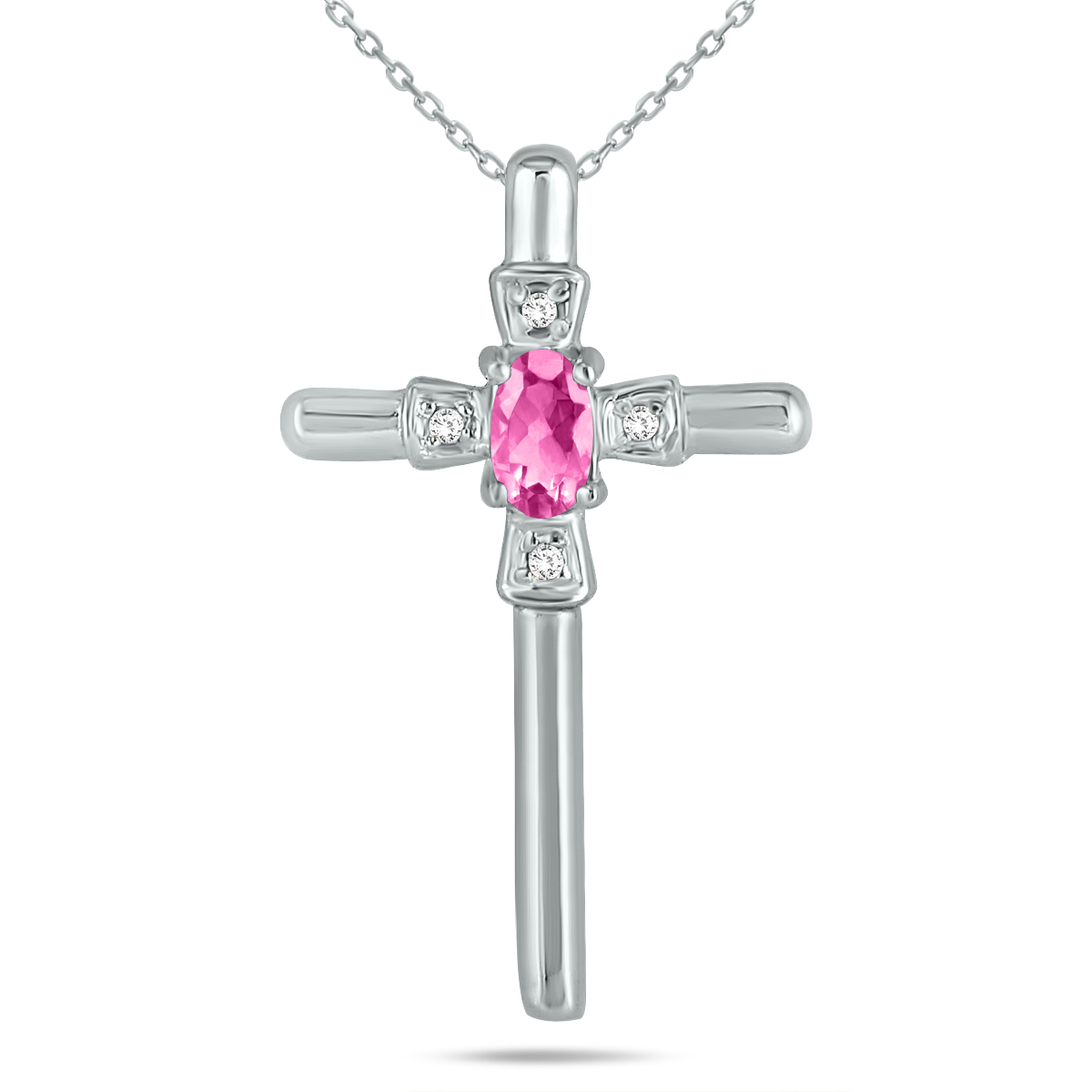 Pink Sapphire and Diamond Cross Pendant 10k White Gold