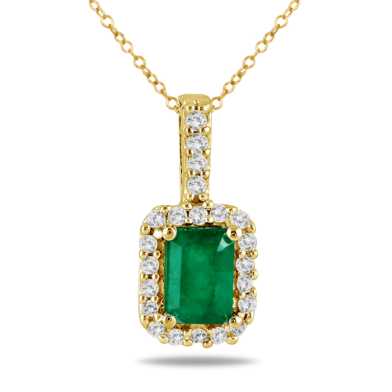 1/10 Carat Diamond and Emerald Pendant in 10K Yellow Gold