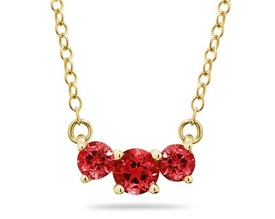 1 CTW Ruby Three Stone Pendant Necklace 14K Yellow Gold