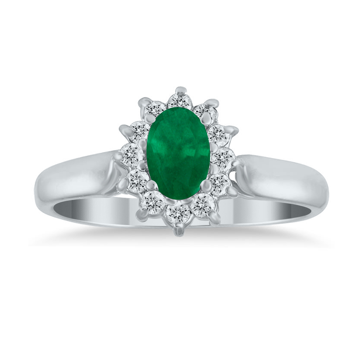 6x4MM Emerald and Diamond Flower Ring in 10K White Gold