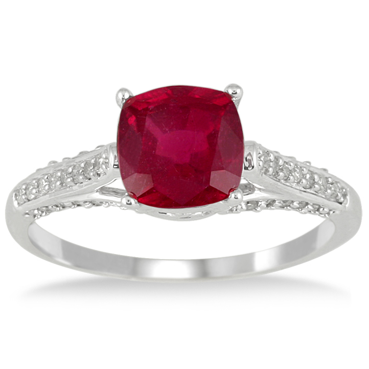 2.25 Carat Cushion Cut Ruby and Diamond Ring in 10K White Gold