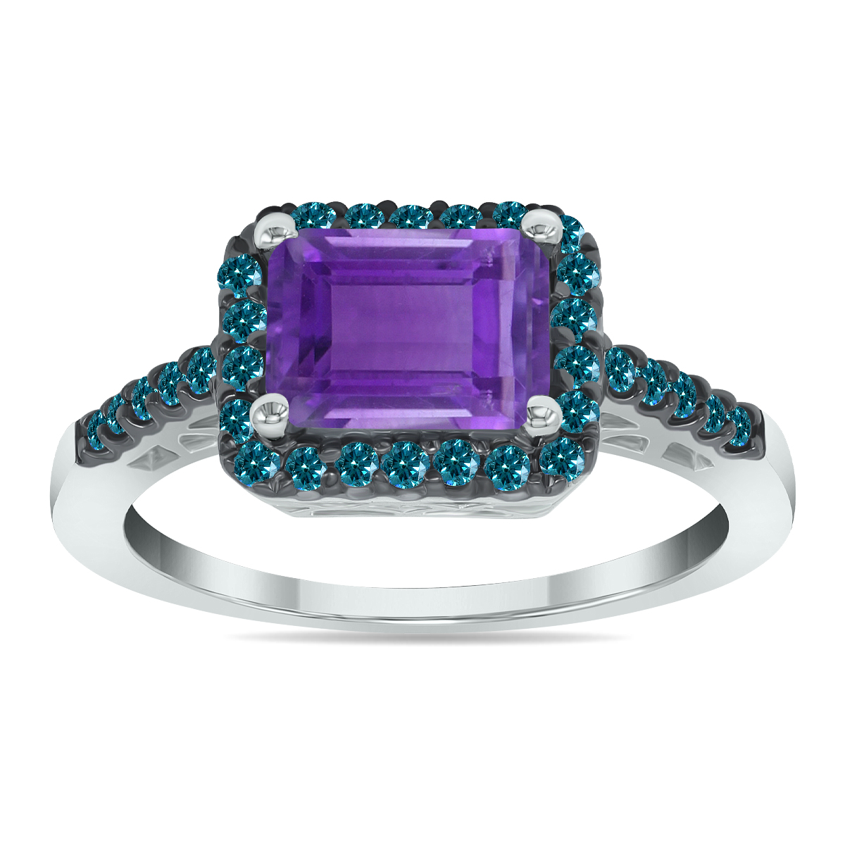 2 1/2 Carat Emerald Cut Amethyst and 1/3 CTW Blue Diamond Ring in 10K White Gold
