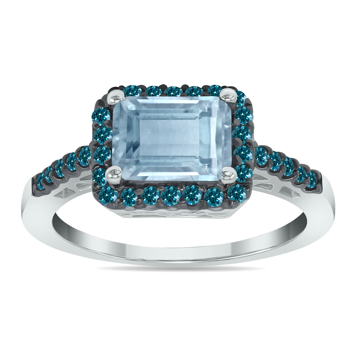 2 1/2 Carat Emerald Cut Aquamarine and 1/3 CTW Blue Diamond Ring in 10K White Gold