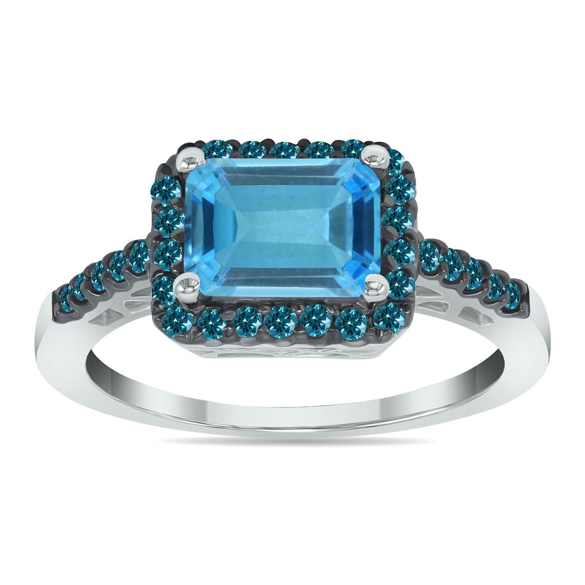 2 1/2 Carat Emerald Cut Blue Topaz and 1/3 CTW Blue Diamond Ring in 10K White Gold