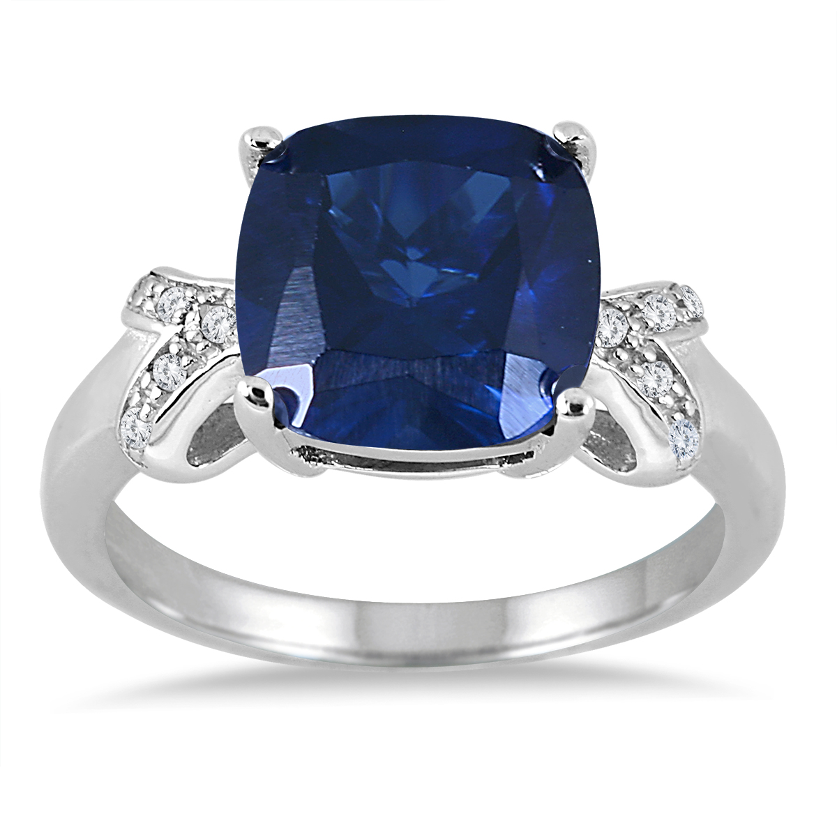 10MM Cushion Cut Created Sapphire Ring in .925 Sterling Silver