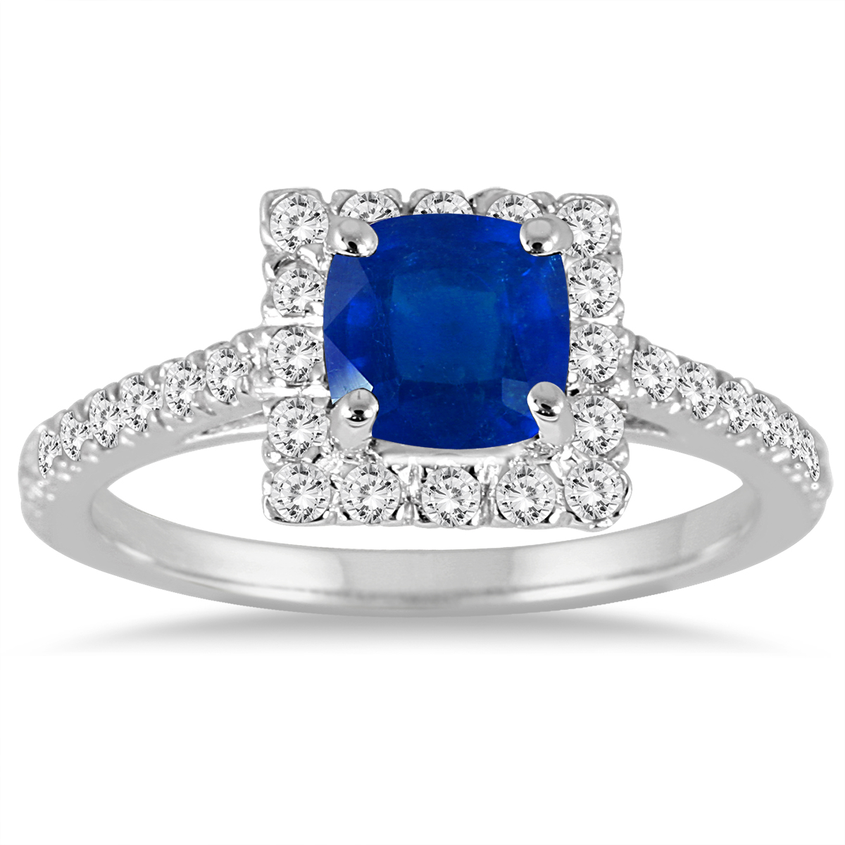 Cushion Cut Sapphire and Diamond Halo Ring in 14K White Gold