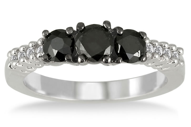 1.10 Carat TW Black and White Diamond Three Stone Ring in .925 Sterling Silver