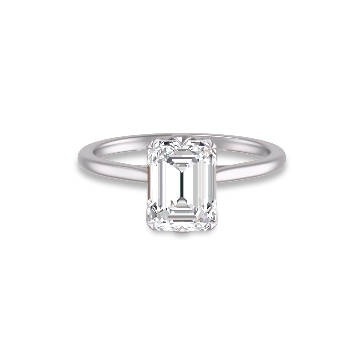14K White Gold Classic Lotus Solitaire Ring with Certified 2 Carat Emerald Cut Lab Grown Diamond