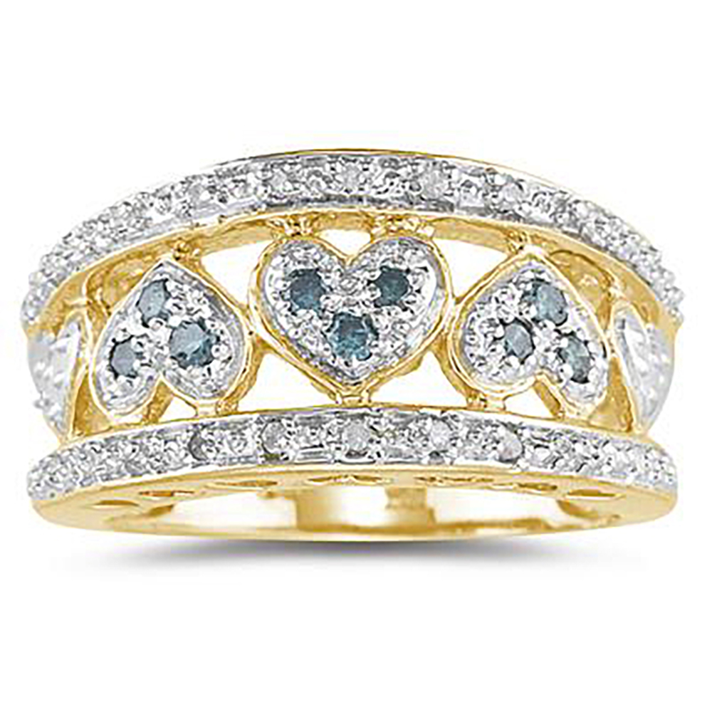 Blue and White Diamond Heart Ring in 10k Yellow Gold