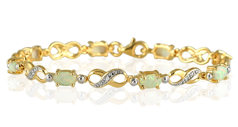 18K Gold Plated Created Opal and Genuine Diamond Bracelet in .925 Sterling Silver