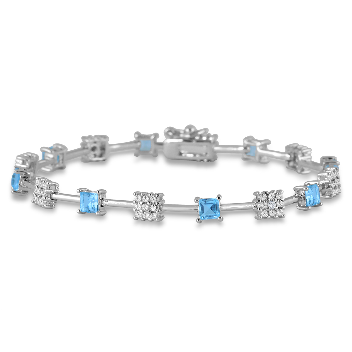 3.20 Carat Princess Shape Blue Topaz and Diamond Bracelet in Rhodium Plated Brass