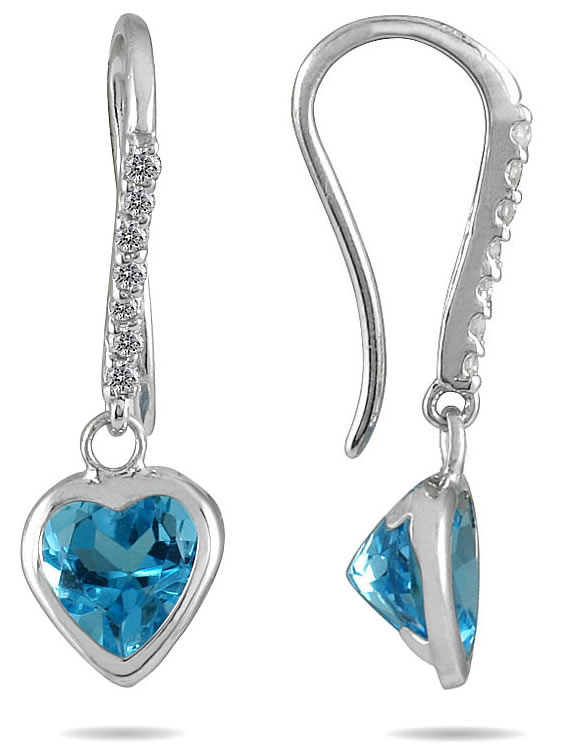 2 Carat Bezel Set Heart Shaped Blue Topaz and Diamond Earrings in 14K White Gold