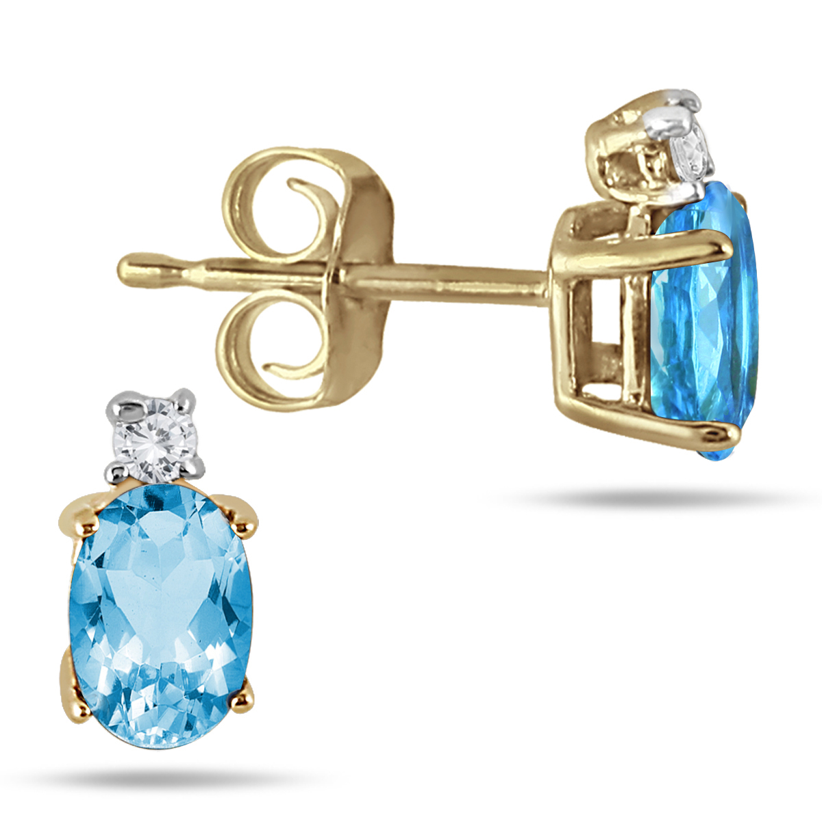 Oval Blue Topaz Drop and Diamond Earrings in 14K Yellow Gold