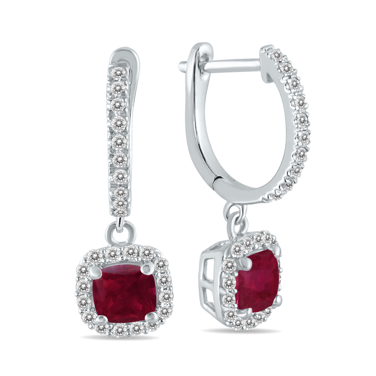1 Carat Ruby and Diamond Halo Dangle Earrings in 10K White Gold