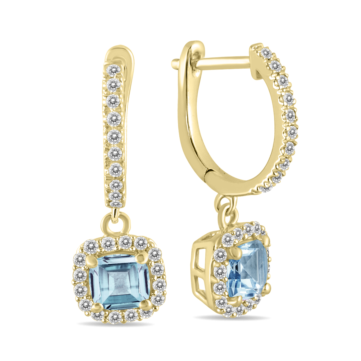 Image of 1 Carat Aquamarine and Diamond Halo Dangle Earrings in 10K Yellow Gold