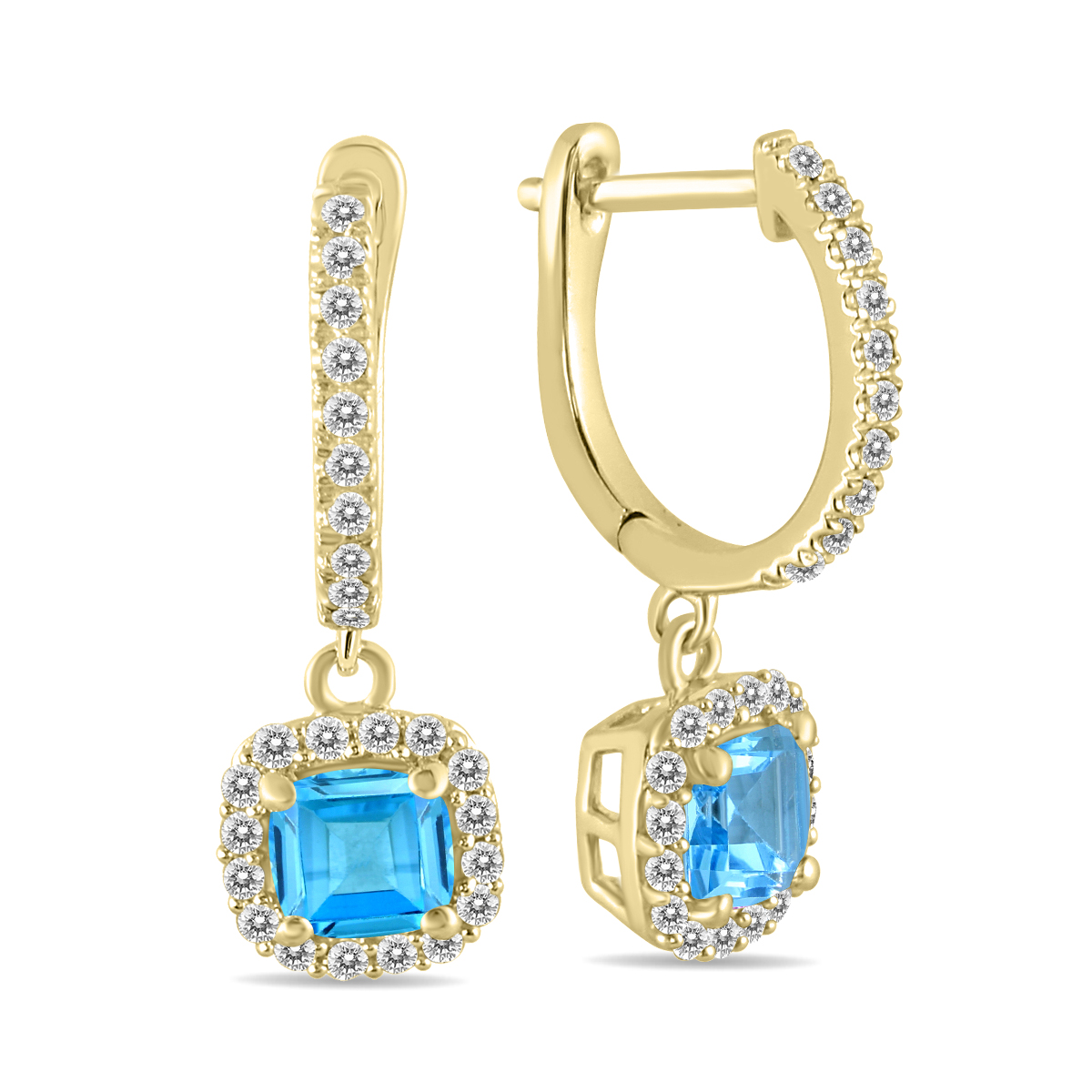 Image of 1 Carat Blue Topaz and Diamond Halo Dangle Earrings in 10K Yellow Gold