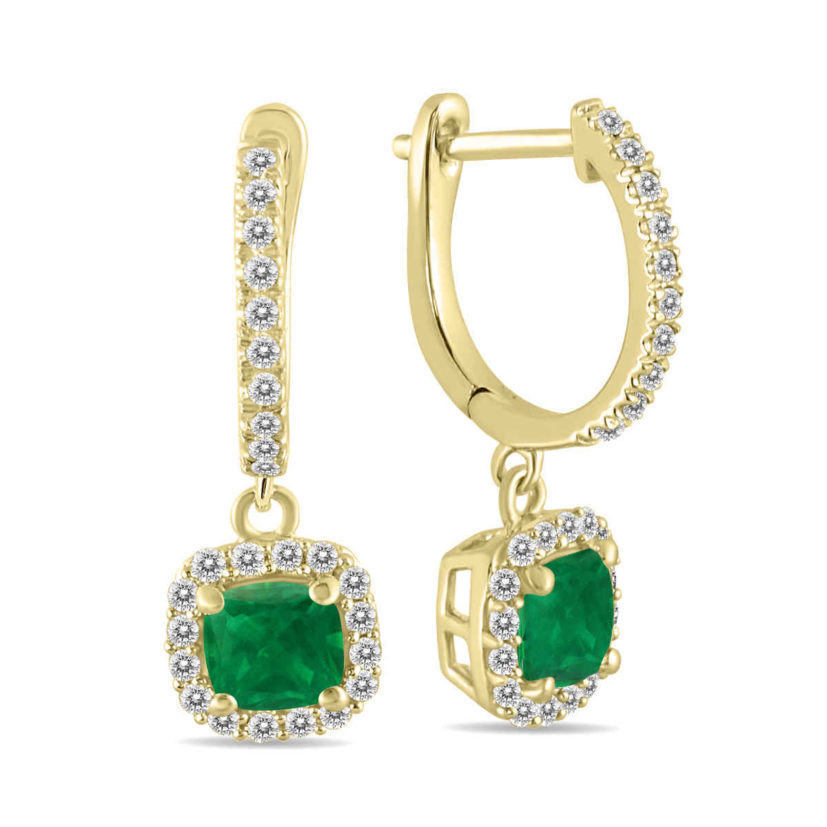 Image of 1 Carat Emerald and Diamond Halo Dangle Earrings in 10K Yellow Gold
