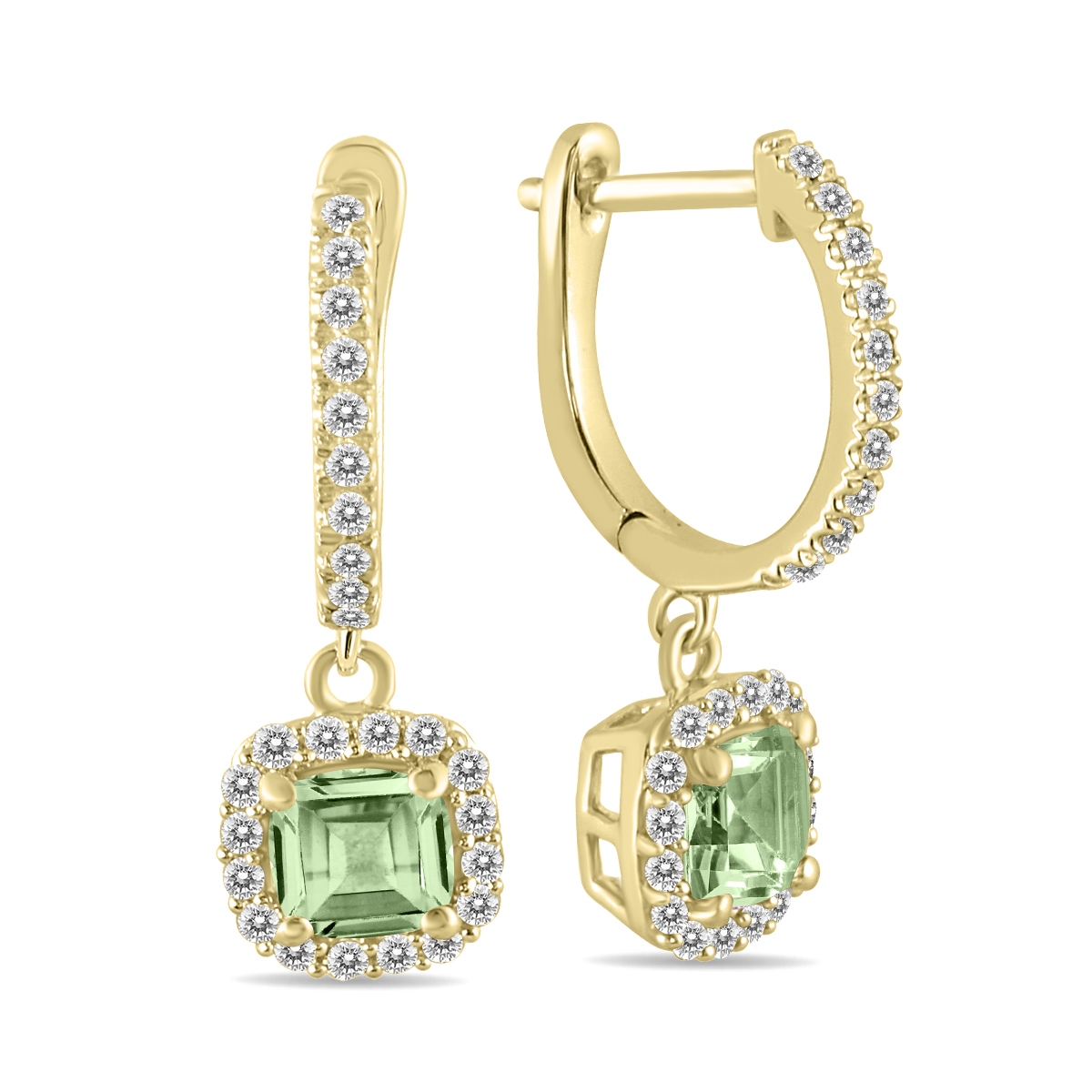 Image of 1 Carat Green Amethyst and Diamond Halo Dangle Earrings in 10K Yellow Gold