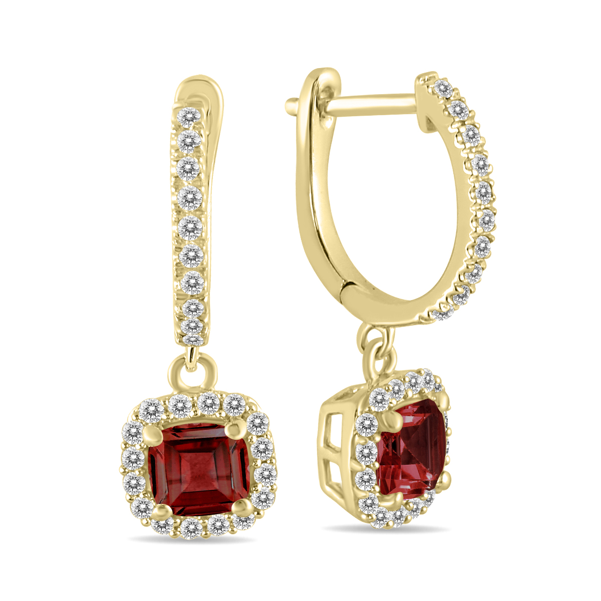 Image of 1 Carat Garnet and Diamond Halo Dangle Earrings in 10K Yellow Gold