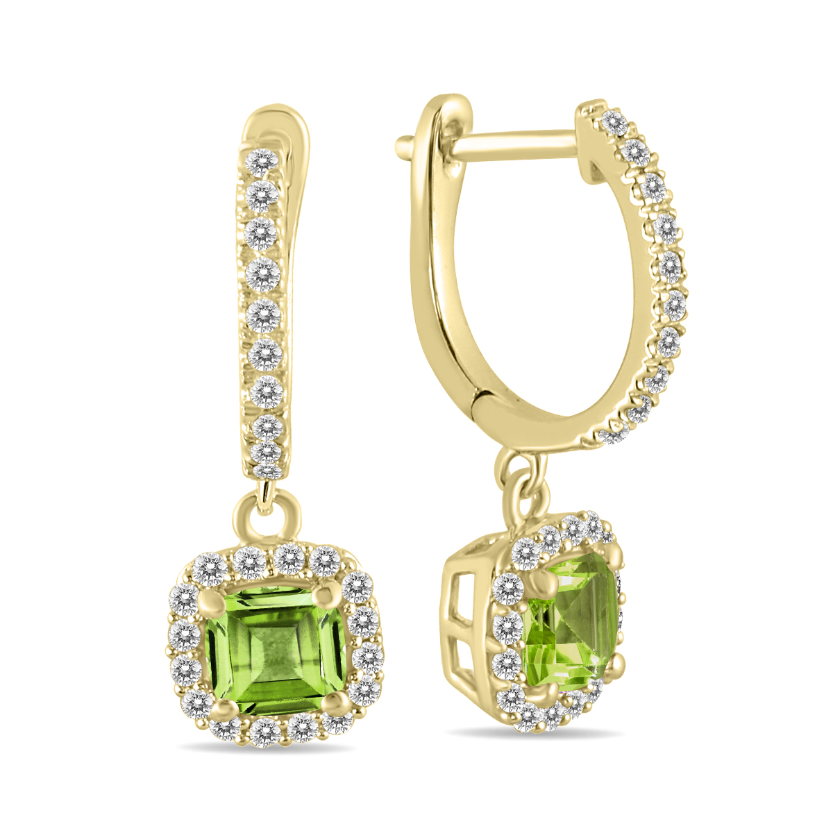 Image of 1 Carat Peridot and Diamond Halo Dangle Earrings in 10K Yellow Gold