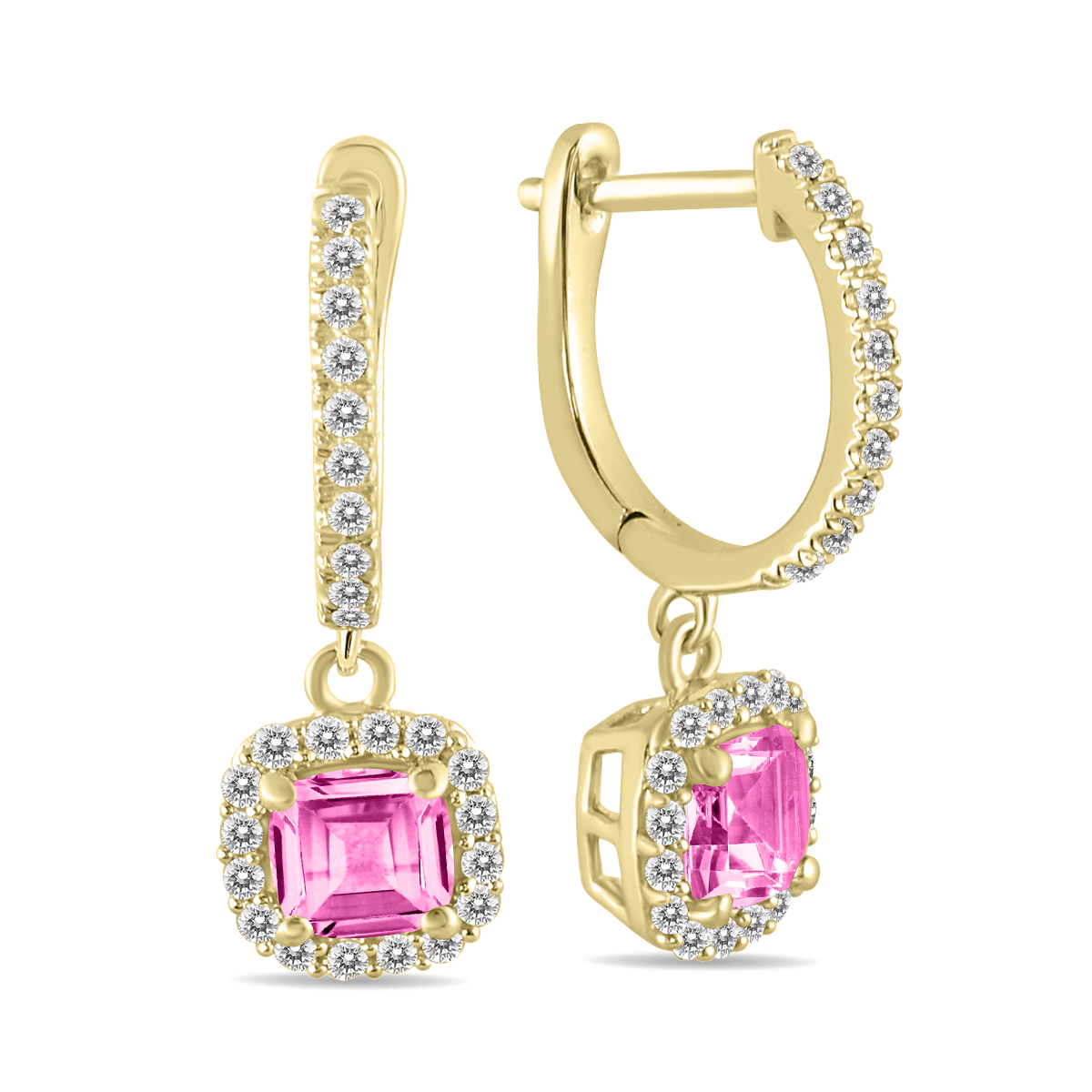 Image of 1 Carat Pink Topaz and Diamond Halo Dangle Earrings in 10K Yellow Gold