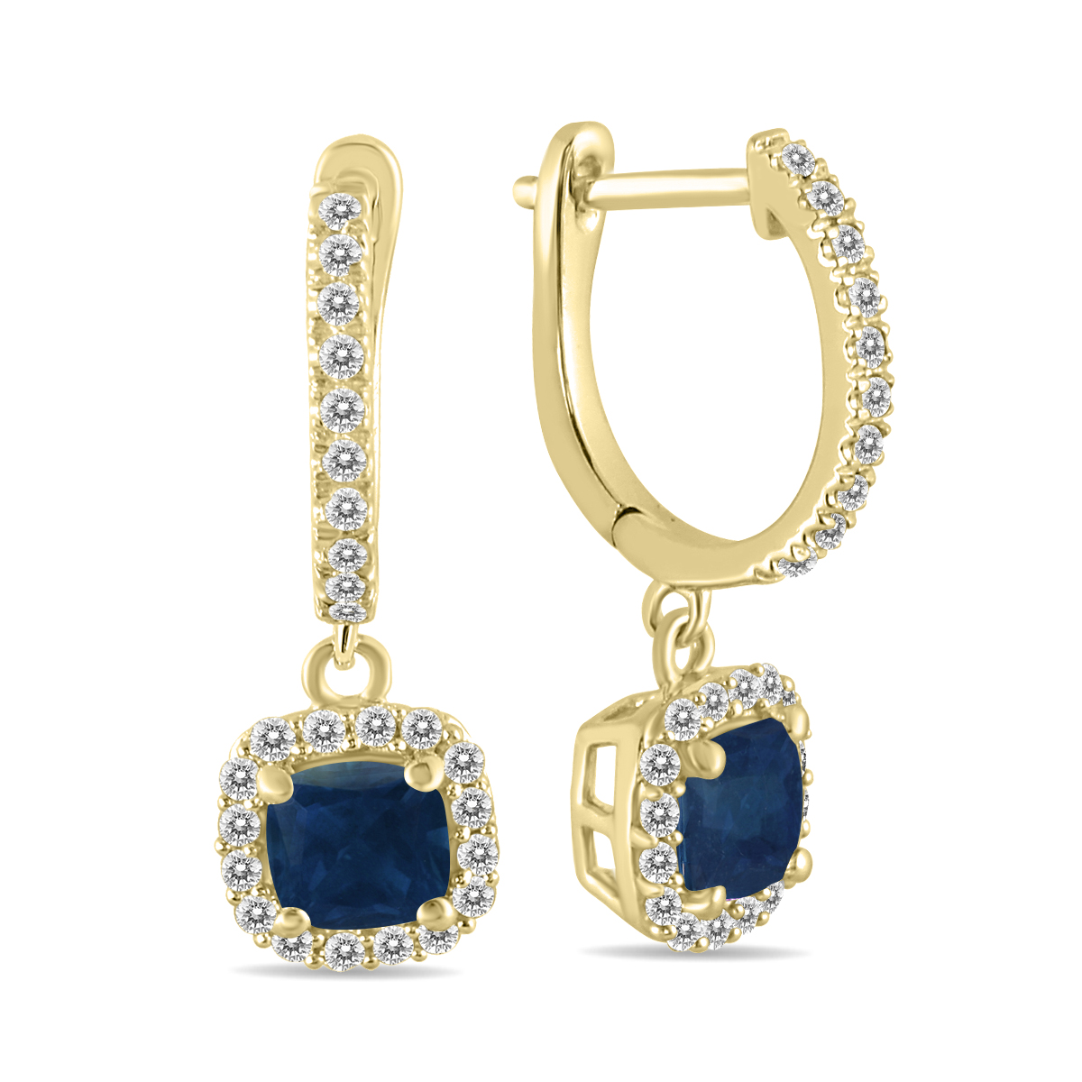 Image of 1 Carat Sapphire and Diamond Halo Dangle Earrings in 10K Yellow Gold