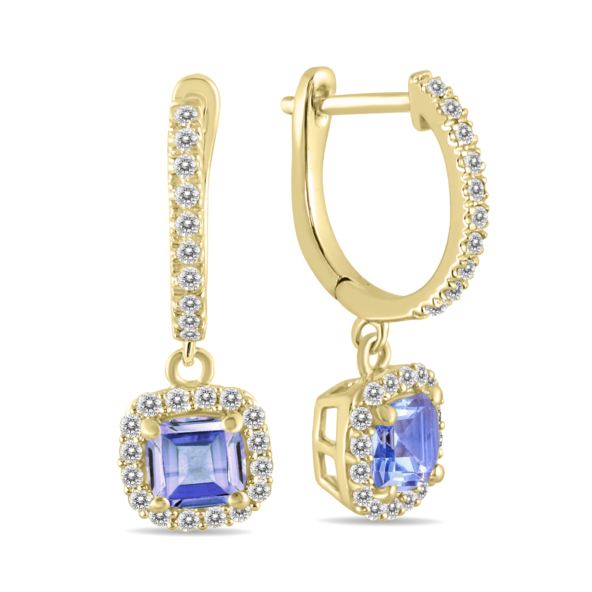 Image of 1 Carat Tanzanite and Diamond Halo Dangle Earrings in 10K Yellow Gold