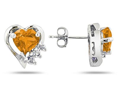 Citrine and Diamond Heart Earrings in 10k White Gold