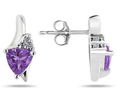 Trillion Shaped Amethyst and Diamond Earrings in 14K White Gold