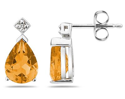 Pear Shaped Citrine & Diamond Earrings in 10k White Gold