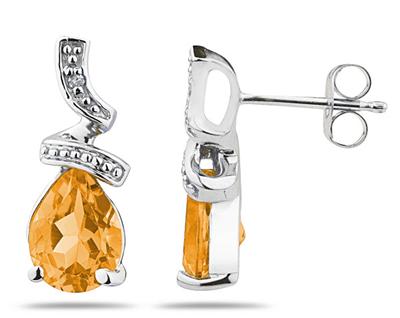 Pear Shaped Citrine and Diamond Earrings in 10k White Gold