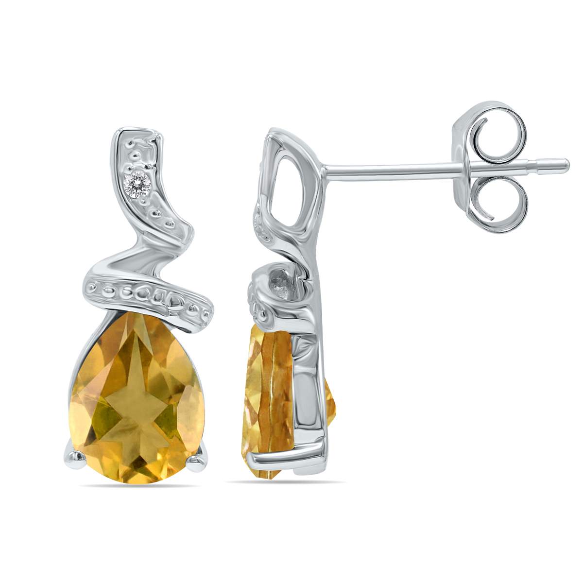 Pear Shaped Citrine and Diamond Earrings in 10k White Gold