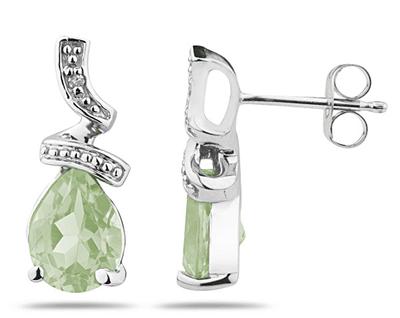Pear Shaped Green Amethyst and Diamond Earrings in 10k White Gold