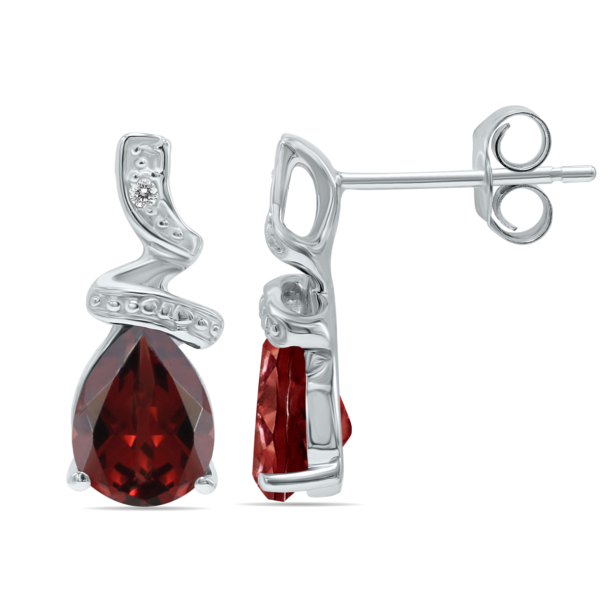 Pear Shaped Garnet and Diamond Earrings in 10k White Gold