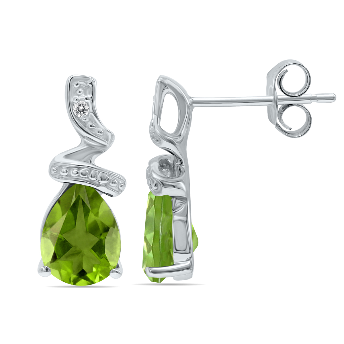 Pear Shaped Peridot and Diamond Earrings in 10k White Gold
