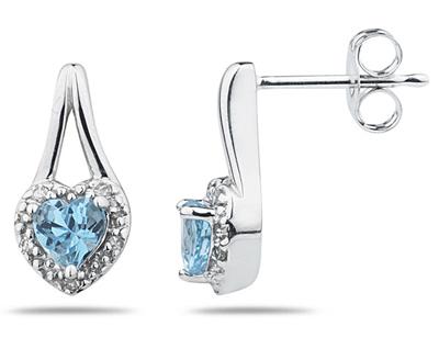 Blue Topaz & Diamonds Heart Shape Earrings in 10k White Gold