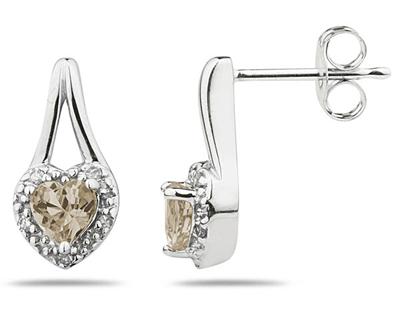 Smokey Quartz & Diamonds Heart Shape Earrings in 10k White Gold