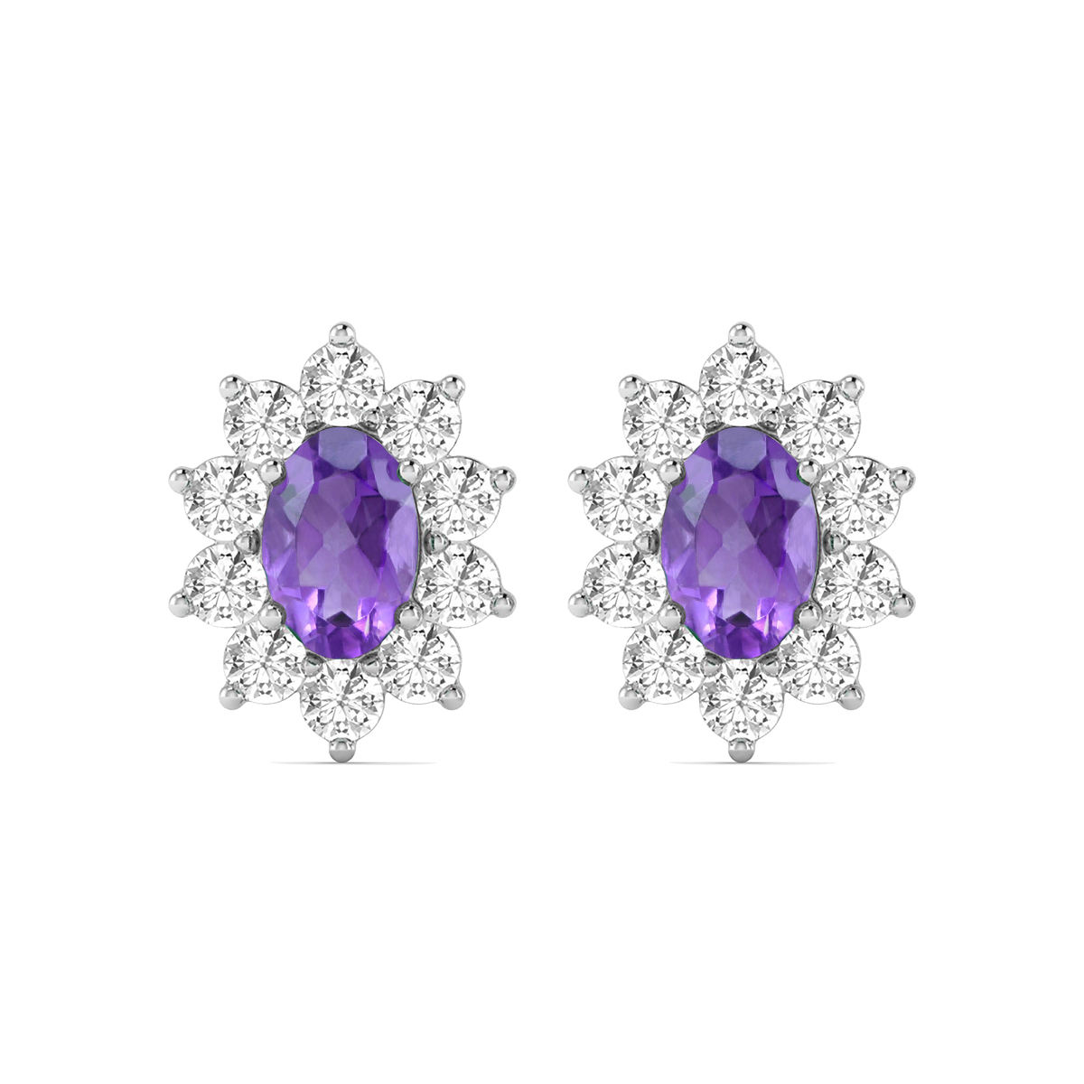 Image of Oval Shape Amethyst and Diamond Flower Earrings in 14K White Gold
