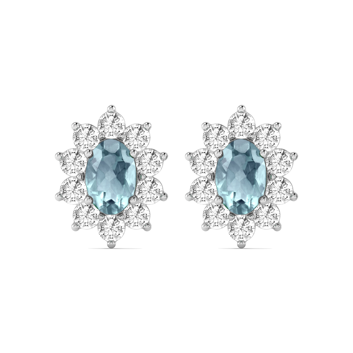 Image of Oval Shape Aquamarine and Diamond Flower Earrings in 14K White Gold