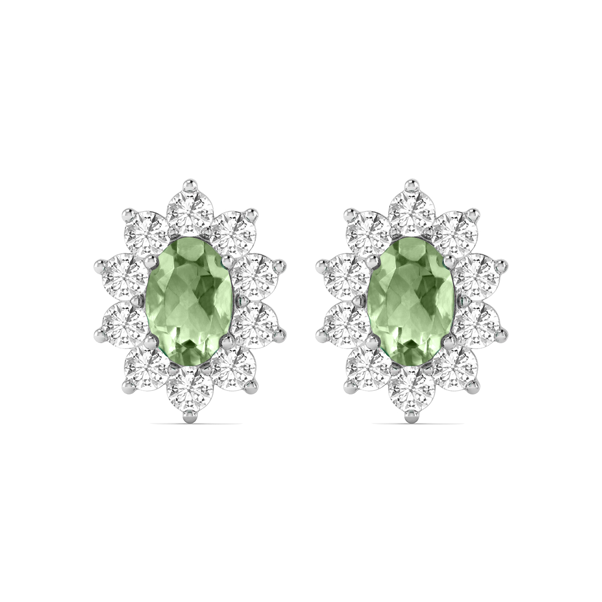 Image of Oval Shape Green Amethyst and Diamond Flower Earrings in 14K White Gold