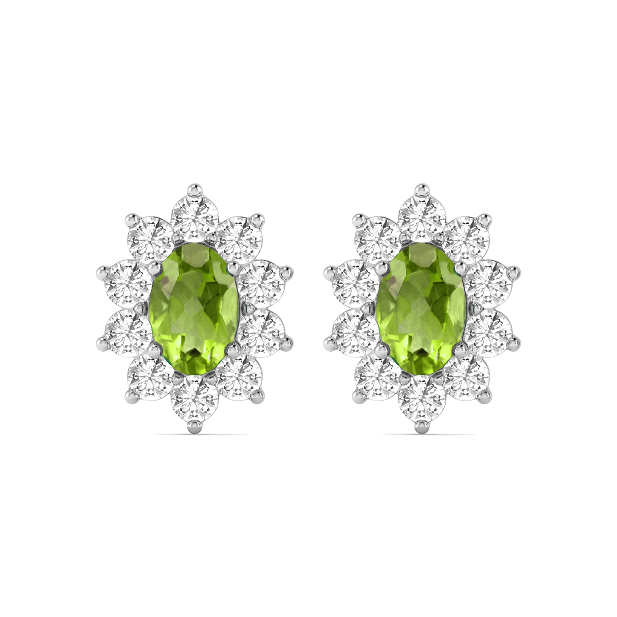 Image of Oval Shape Peridot and Diamond Flower Earrings in 14K White Gold