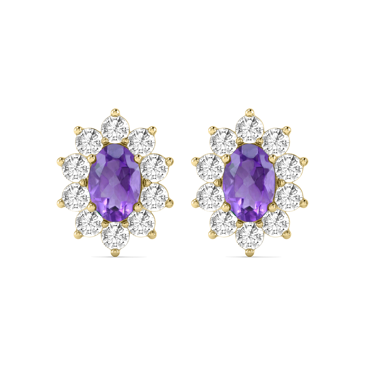 Image of Oval Shape Amethyst and Diamond Flower Earrings in 14K Yellow Gold
