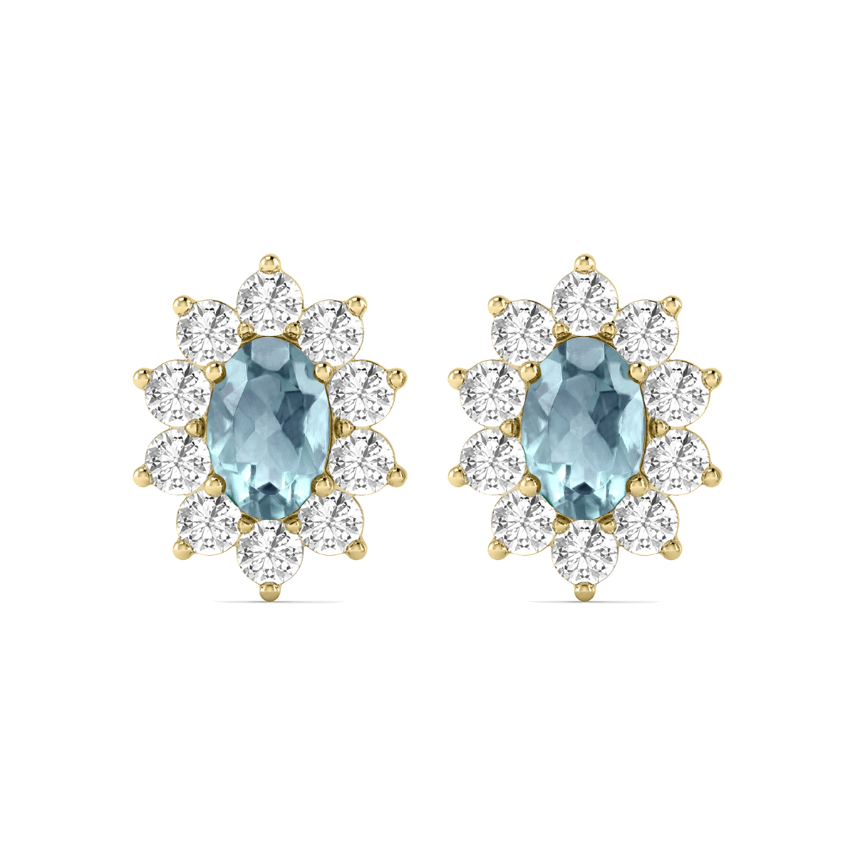 Image of Oval Shape Aquamarine and Diamond Flower Earrings in 14K Yellow Gold