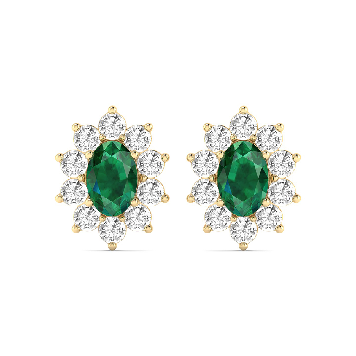 Oval Shape Emerald and Diamond Flower Earrings in 14K Yellow Gold