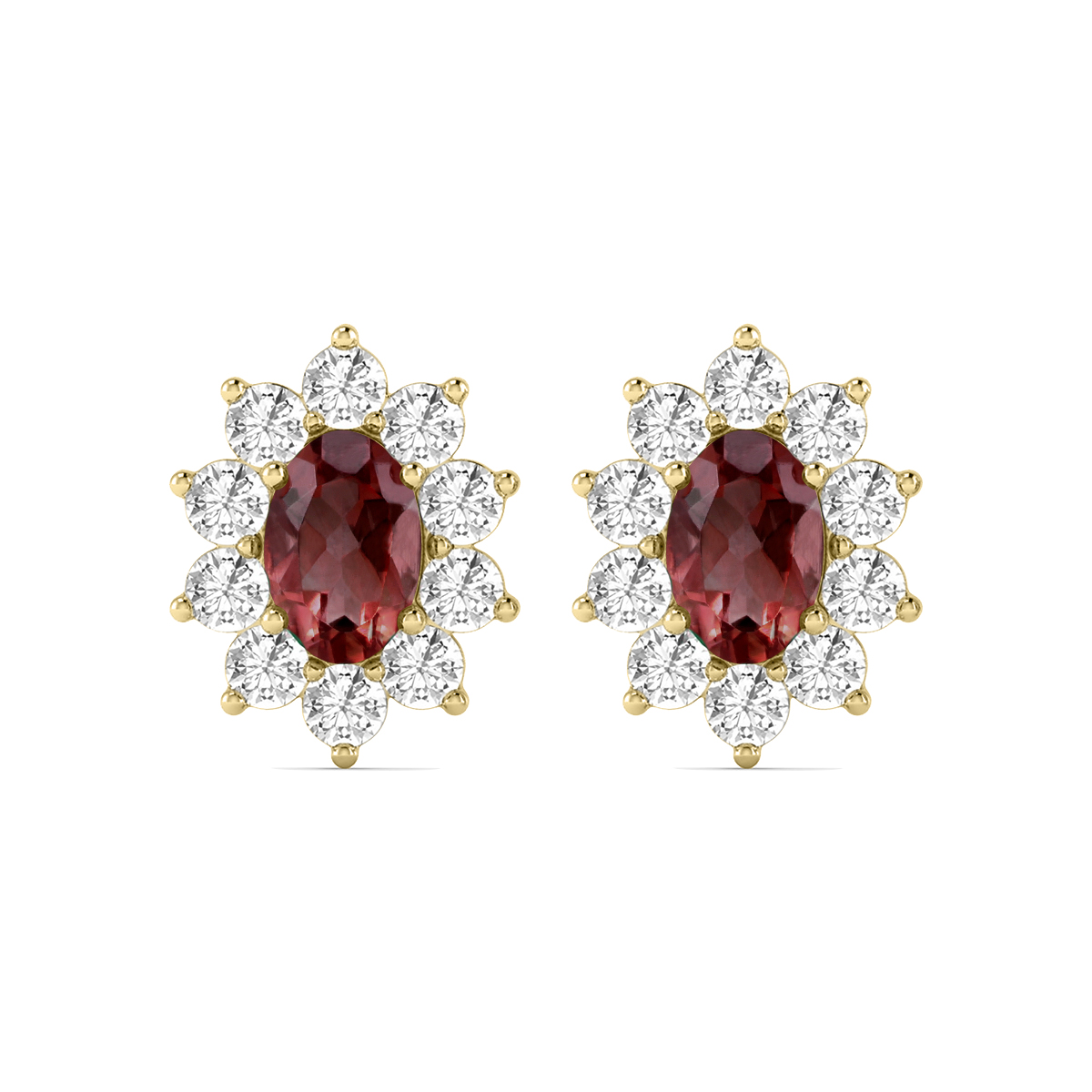 Image of Oval Shape Garnet and Diamond Flower Earrings in 14K Yellow Gold