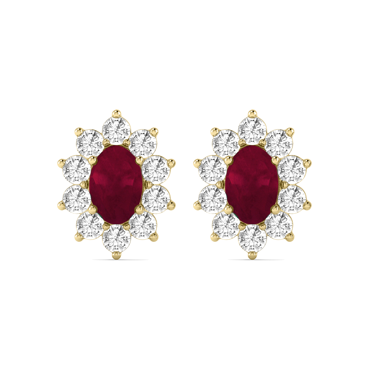 Image of Oval Shape Ruby and Diamond Flower Earrings in 14K Yellow Gold