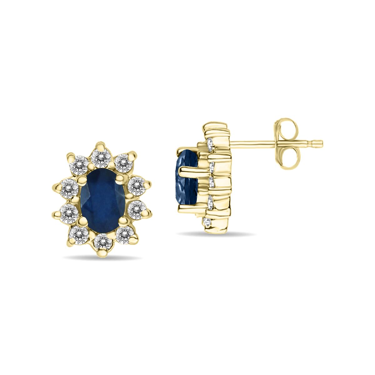 Image of Oval Shape Sapphire and Diamond Flower Earrings in 14K Yellow Gold