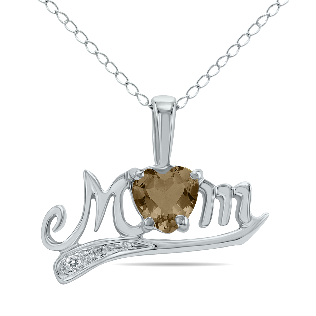 Smokey Quartz and Diamond MOM Pendant 10K White Gold
