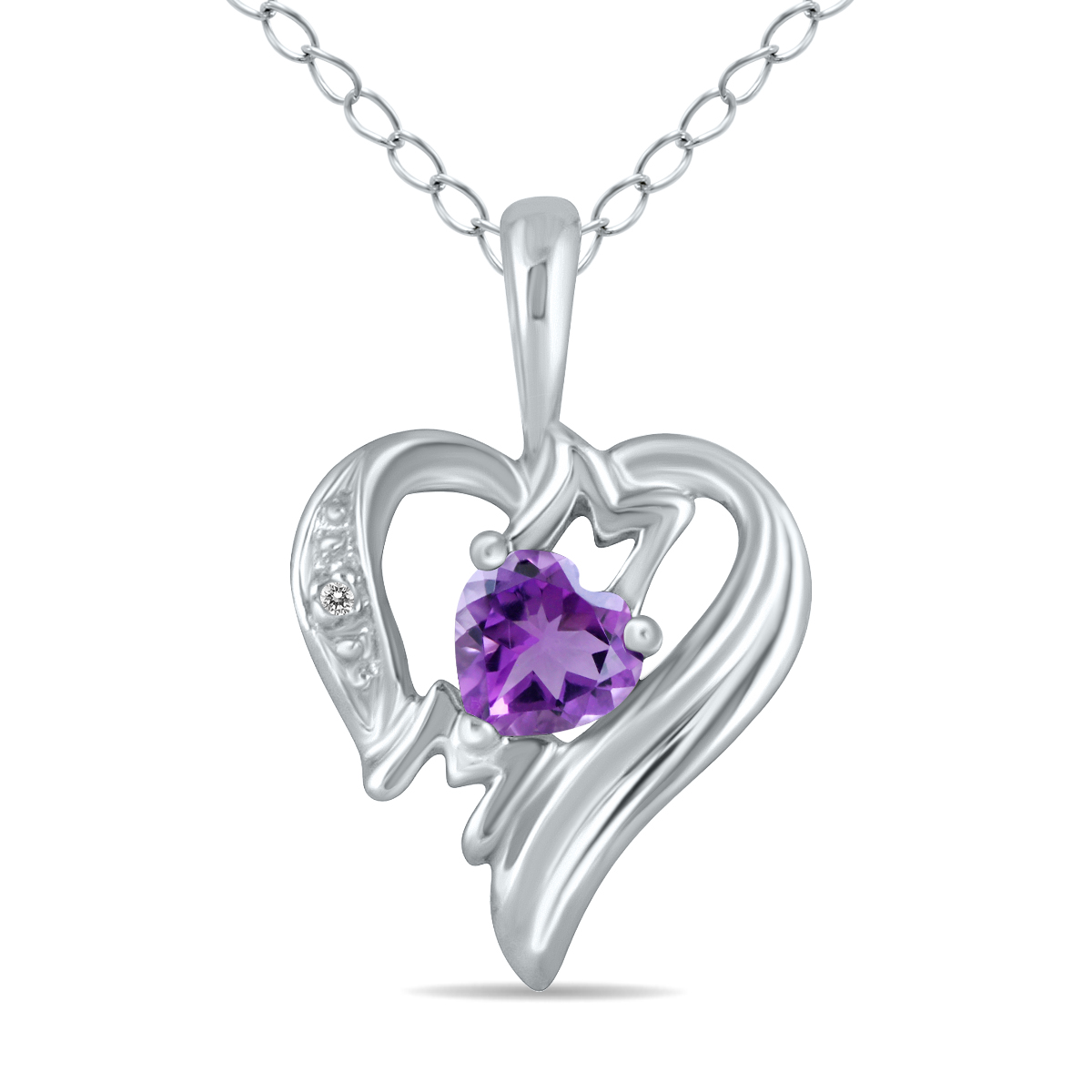 Genuine Amethyst and Diamond Heart MOM Pendant in 10K White Gold