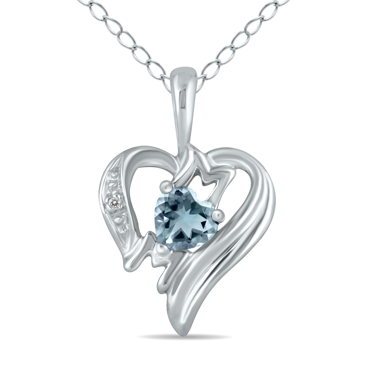 Aquamarine and Diamond Heart MOM Pendant in 10K White Gold